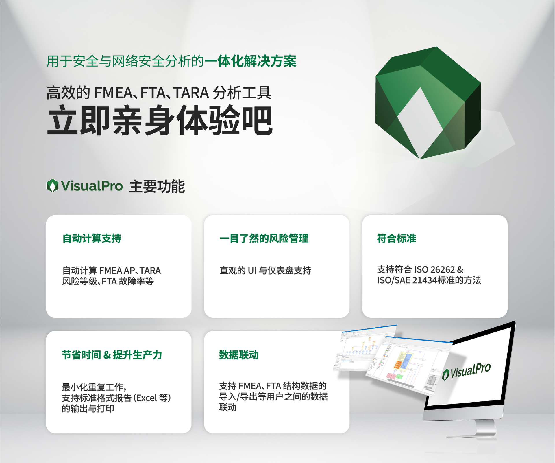 VisualPro 主要功能 — 自动计算 FMEA AP、TARA 风险等级与 FTA 故障率，一目了然的风险管理，符合 ISO 26262 与 ISO/SAE 21434 标准，节省时间提升生产力，数据联动