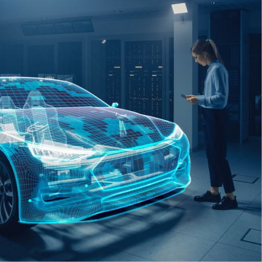 주차장에서 스마트폰을 든 사람 앞의 자동차 와이어프레임 — Automotive Cybersecurity Detroit 참가 소식 표제