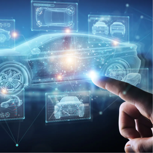 자동차 와이어프레임 주변의 홀로그램 패널을 손가락으로 만지는 그림 — Automotive Cybersecurity Europe 참가 소식 표제