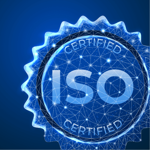 파란 네트워크 선으로 그린 ISO CERTIFIED 인증 배지 — ISO 9001 품질경영시스템 인증 획득 소식 표제