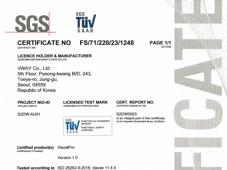 SGS-TÜV Saar 인증서 — VWAY Co., Ltd. 의 VisualPro Version 1.0 이 ISO 26262-8:2018 clause 11.4.4 에 따라 시험된 기능안전 소프트웨어 도구 인증(Certificate No. FS/71/220/23/1248)