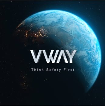 우주에서 본 지구 위에 VWAY Think Safety First 로고를 얹은 그림