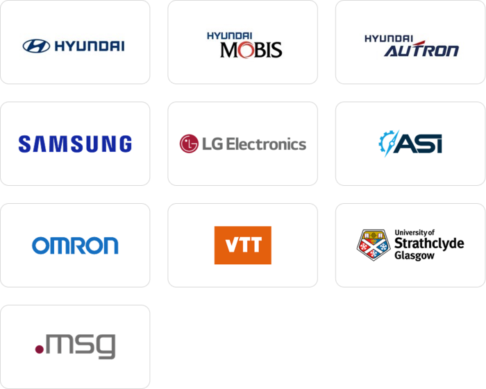 VWAY customer logos — Hyundai Motor, Hyundai Mobis, Hyundai Autron, Samsung, LG Electronics, ASI, OMRON, VTT, University of Strathclyde Glasgow and msg