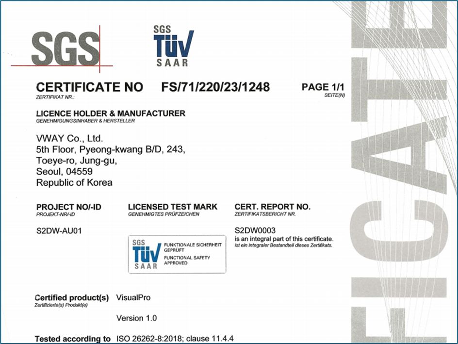 SGS-TÜV Saar 인증서 — VWAY Co., Ltd. 의 VisualPro Version 1.0 이 ISO 26262-8:2018 clause 11.4.4 에 따라 시험된 기능안전 소프트웨어 도구 인증(Certificate No. FS/71/220/23/1248)