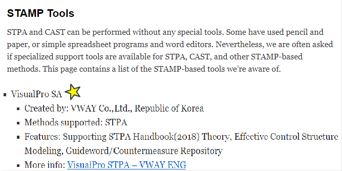 MIT PSASS 누리집의 STAMP Tools 목록 화면 — VisualPro SA(Created by VWAY Co., Ltd., Republic of Korea, Methods supported: STPA, Features: STPA Handbook(2018) Theory·Effective Control Structure Modeling·Guideword/Countermeasure Repository) 항목