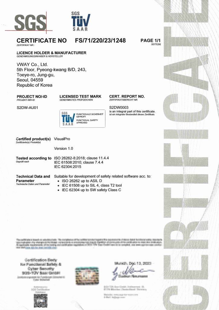 SGS-TÜV Saar 가 발급한 VisualPro Version 1.0 의 Tool Qualification 인증서(FS/71/220/23/1248) — ISO 26262-8:2018 11.4.4, IEC 61508:2010 7.4.4, IEC 62304:2015 기준으로 시험되었으며 ISO 26262 ASIL D, IEC 61508 SIL 4 class T2 tool, IEC 62304 SW safety Class C 까지 개발에 사용 가능