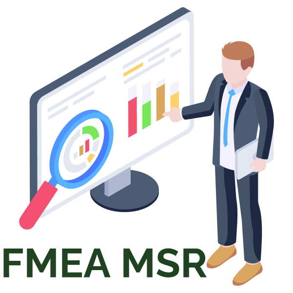 FMEA MSR 글자와 함께 모니터의 그래프를 가리키는 정장 차림 인물 일러스트