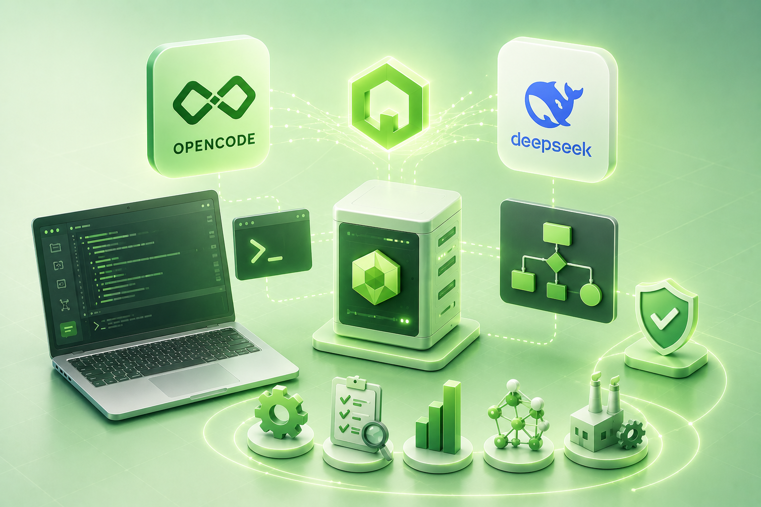 Opencode·VisualPro·Deepseek 로고가 연결된 노트북·터미널·서버 그림 — Deepseek GUI(KUN)와 VisualPro 연동 가이드 표제