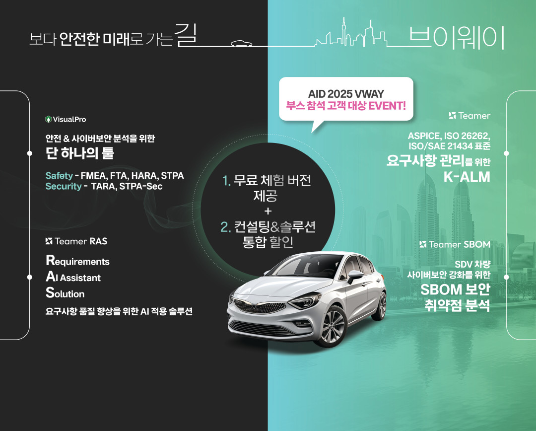 AID 2025 브이웨이 부스 참가 홍보 이미지 — '보다 안전한 미래로 가는 길, 브이웨이'. VisualPro(안전 & 사이버보안 분석을 위한 단 하나의 툴, Safety: FMEA·FTA·HARA·STPA, Security: TARA·STPA-Sec), Teamer RAS(요구사항 품질 향상을 위한 AI 적용 솔루션), Teamer(ASPICE·ISO 26262·ISO/SAE 21434 표준 요구사항 관리를 위한 K-ALM), Teamer SBOM(SDV 차량 사이버보안 강화를 위한 SBOM 보안 취약점 분석). 부스 참석 고객 대상 이벤트로 무료 체험 버전 제공과 컨설팅·솔루션 통합 할인 안내