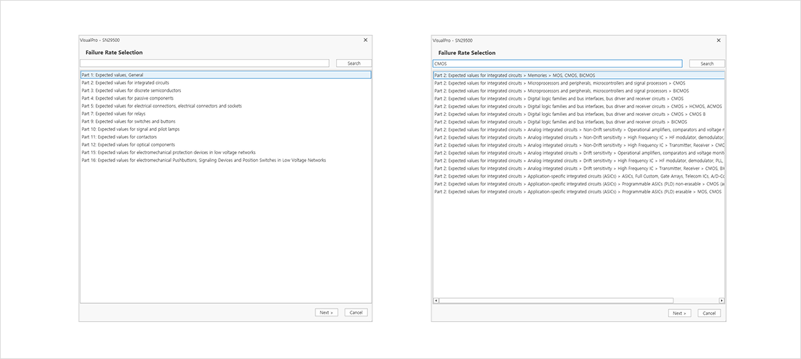 VisualPro failure rate selection dialog based on the SN 29500 standard, listing expected values by part category and filtered to CMOS integrated circuits