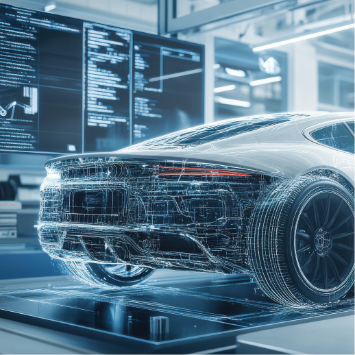 코드가 흐르는 모니터 앞의 자동차 와이어프레임 — Automotive SPICE V3 실무 교육 표제