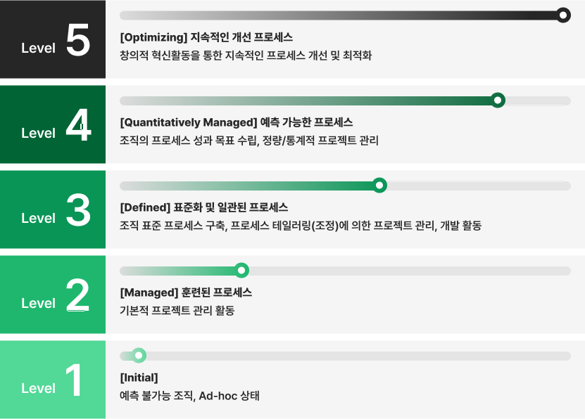 CMMI 성숙도 Level 1~5(Initial~Optimizing) 단계별 설명