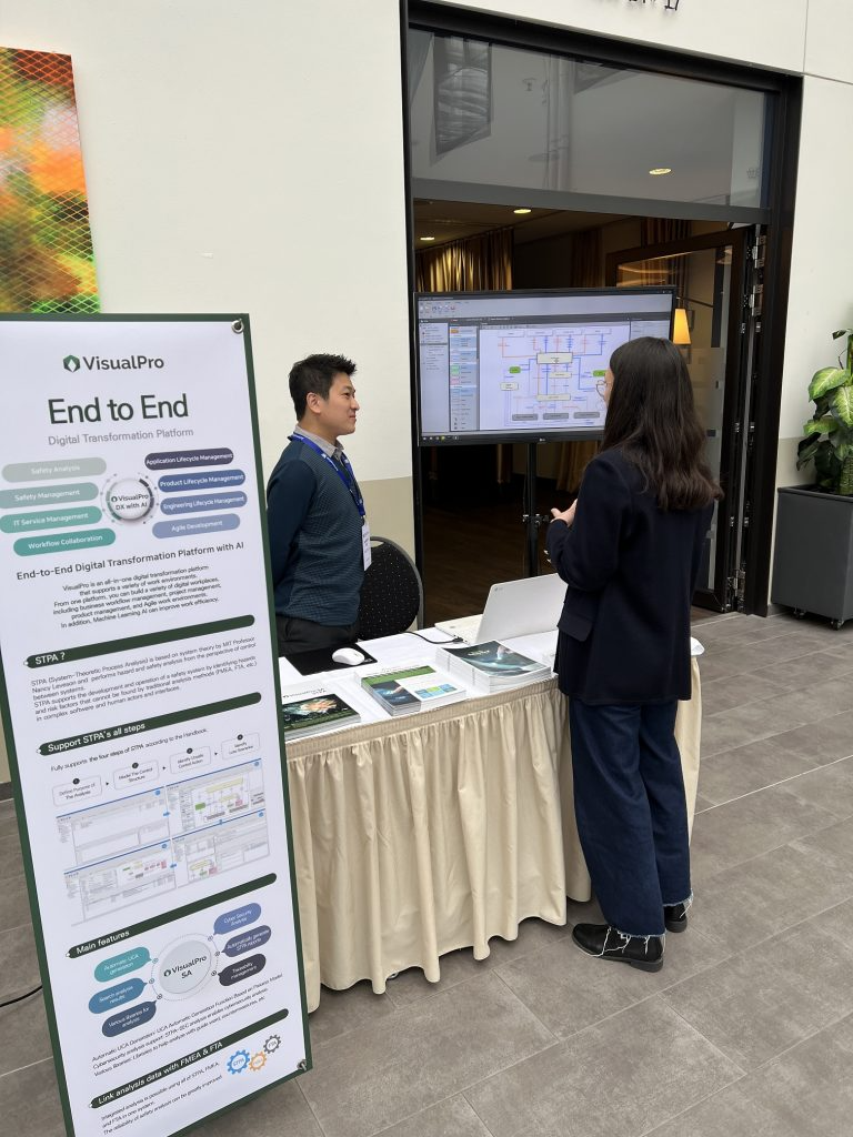 ISO 26262 & SOTIF 2023 브이웨이 전시 부스 — 'VisualPro End to End Digital Transformation Platform' 배너(Safety Analysis, Safety Management, IT Service Management, Workflow Collaboration, Application/Product/Engineering Lifecycle Management, Agile Development)와 STPA 4단계 설명. 방문객에게 컨트롤 스트럭처 화면을 설명하는 모습