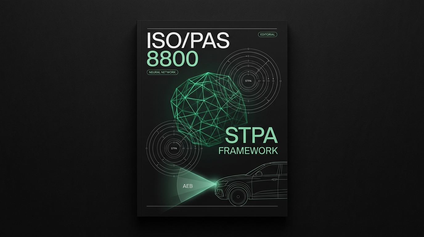 VisualPro Tech Brief 표지 — 검은 바탕에 초록 와이어프레임 지구본과 차량 실루엣, 「ISO/PAS 8800 STPA FRAMEWORK」