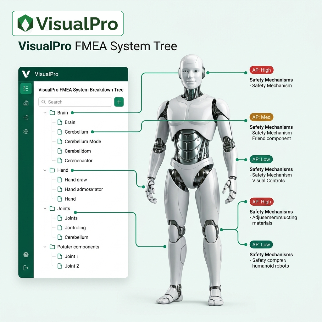 VisualPro FMEA System Breakdown Tree 화면과 휴머노이드 로봇 — Brain·Hand·Joints·Power 구조별로 AP High/Med/Low 조치우선순위와 안전 메커니즘이 연결된 도해