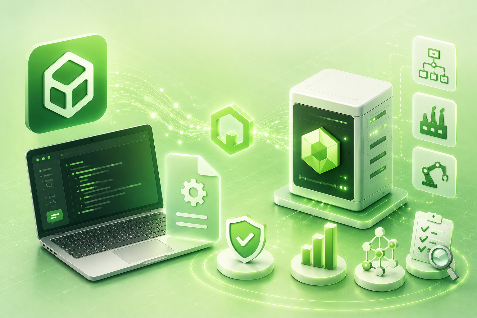 VisualPro 로고와 서버·노트북·터미널이 초록 연결선으로 이어진 OpenAI Codex 와 VisualPro 연동 가이드 표제 그림