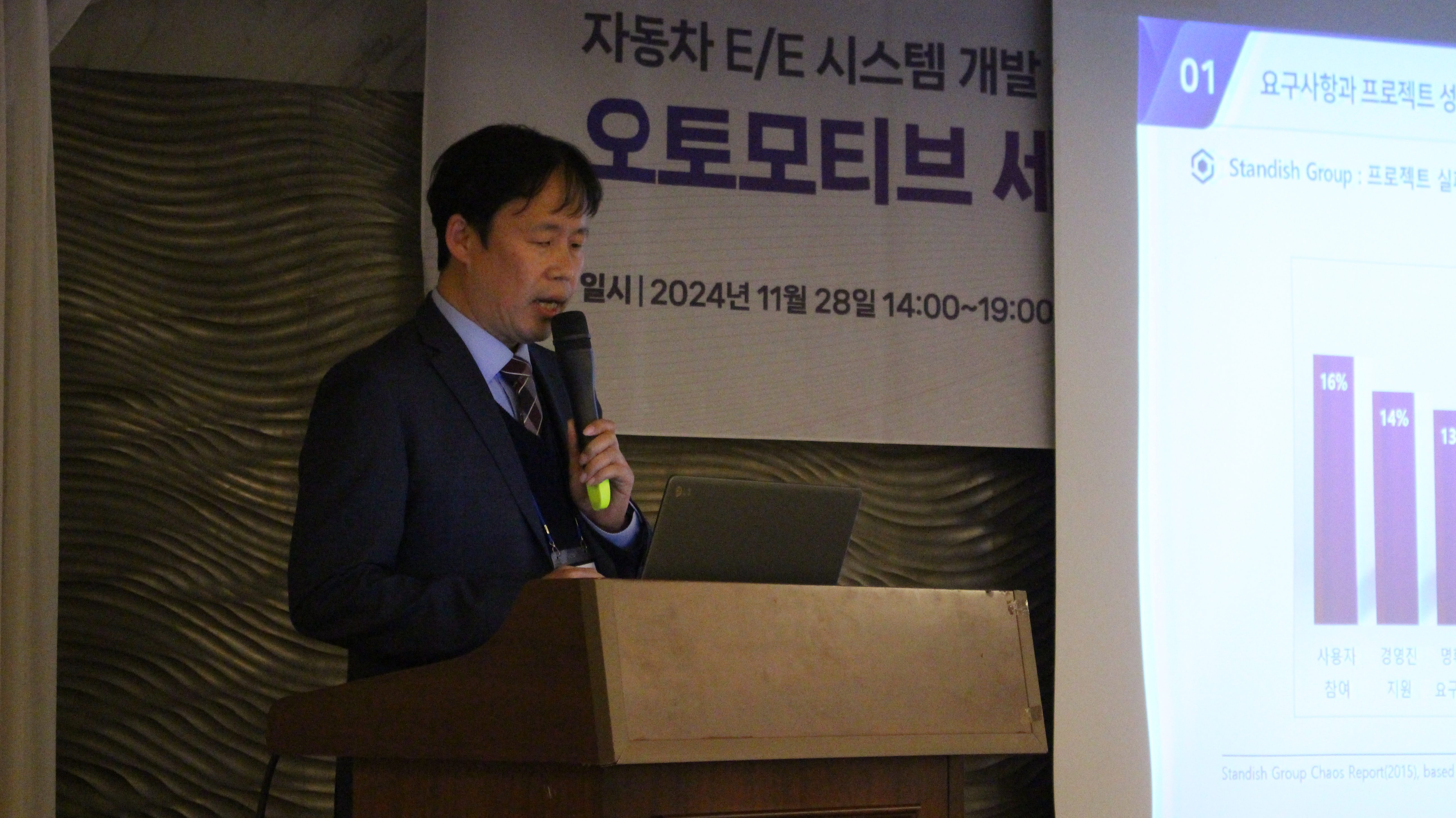 오토모티브 세이프티 컨퍼런스 2024(2024년 11월 28일) 발표 장면 — '요구사항과 프로젝트 성공' 슬라이드에 Standish Group Chaos Report(2015) 기반 프로젝트 성공 요인(사용자 참여 16%, 경영진 지원 14%, 명확한 요구사항 13%) 막대그래프
