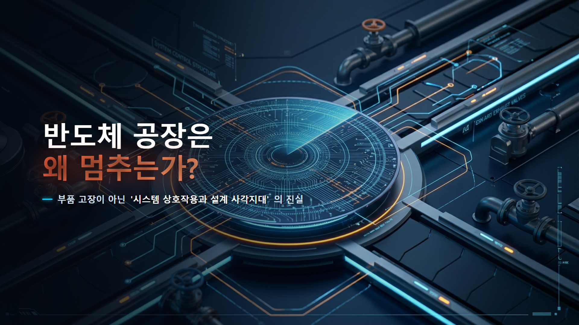반도체 공장은 왜 멈추는가 — 반도체 배관 설비 위에 제목을 얹은 표제 그림, 부품 고장이 아닌 시스템 상호작용과 설계 사각지대의 진실