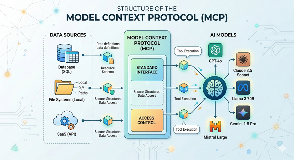 Model Context Protocol(MCP) 구조도 — 데이터베이스·로컬 파일·SaaS API 등 데이터 소스가 MCP 의 표준 인터페이스·접근 제어를 거쳐 GPT-4o·Claude 3.5 Sonnet·Llama 3·Gemini·Mistral 등 AI 모델과 연결