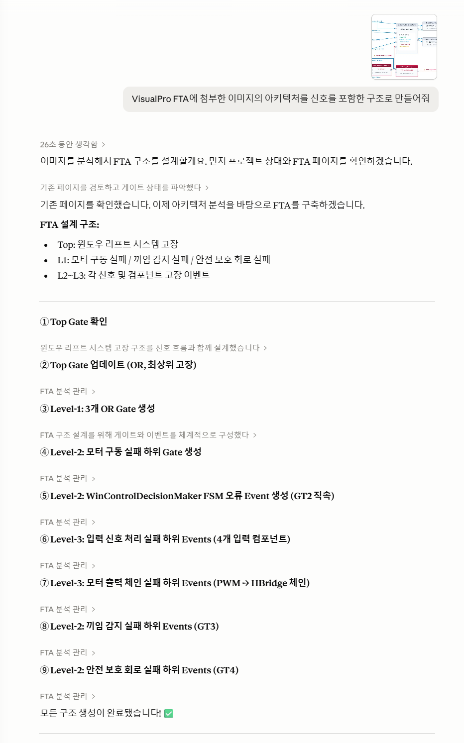 Claude Desktop 대화 화면 — 아키텍처 이미지만으로 FTA 구조를 만들어 달라는 프롬프트와, Level 1~4 로 정리된 FTA 게이트 구조 응답