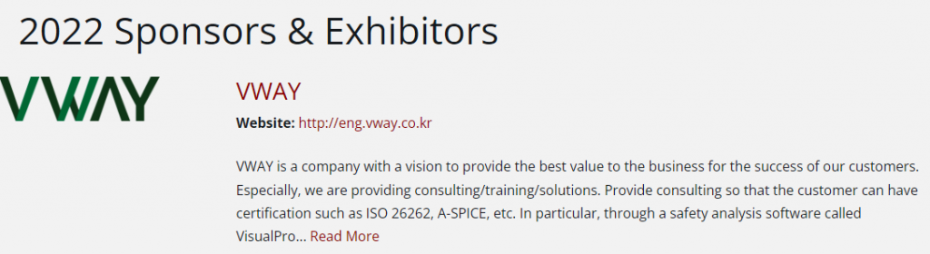 ISO 26262 & SOTIF Conference 2022 Sponsors & Exhibitors 페이지에 등록된 VWAY 소개 — 로고, 누리집 주소, 회사 소개문