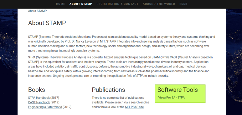 ESWC(European STAMP Workshop and Conference) 누리집 About STAMP 페이지 — Software Tools 항목에 VisualPro SA - STPA 가 안전분석 지원 소프트웨어로 등록된 화면