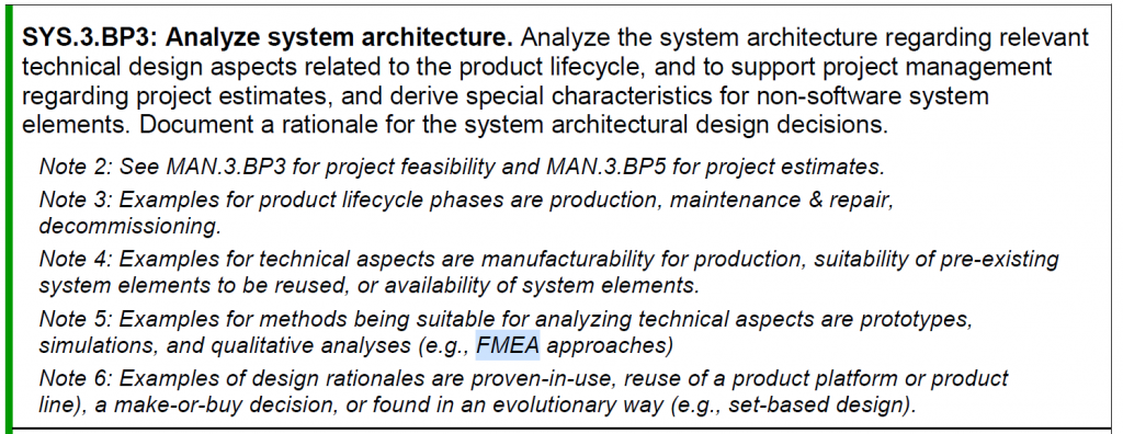 ASPICE 4.0 SYS.3.BP3 Analyze system architecture 원문 — 시스템 아키텍처를 기술 측면에서 분석하고 비소프트웨어 요소의 특수 특성을 도출하라는 요구와, Note 5 의 정성 분석 예시로 FMEA 접근법을 언급한 부분 강조