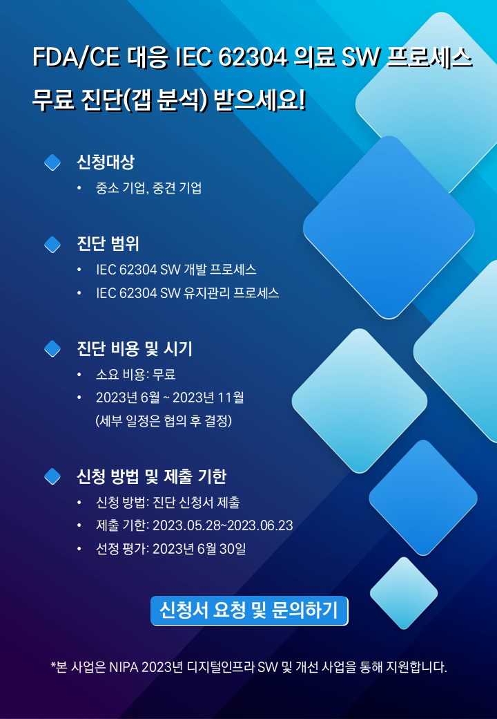 FDA/CE 대응 IEC 62304 의료 SW 프로세스 무료 진단(갭 분석) 안내 포스터 — 신청대상 중소·중견기업, 진단범위 IEC 62304 SW 개발 프로세스와 유지관리 프로세스, 비용 무료, 진단 시기 2023년 6월~11월, 제출기한 2023.05.28~06.23, 선정평가 2023년 6월 30일. NIPA 2023년 디지털인프라 SW 및 개선 사업 지원