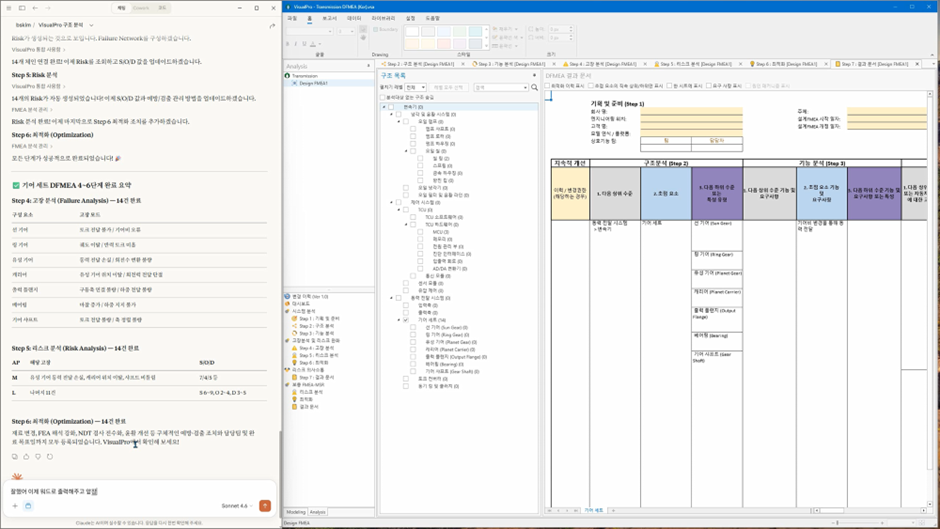 VisualPro FMEA 화면 — 기본 입력 정보만으로 AI 가 리스크 분석과 최적화까지 진행한 결과가 심각도·발생도·검출도·AP 열에 채워진 표