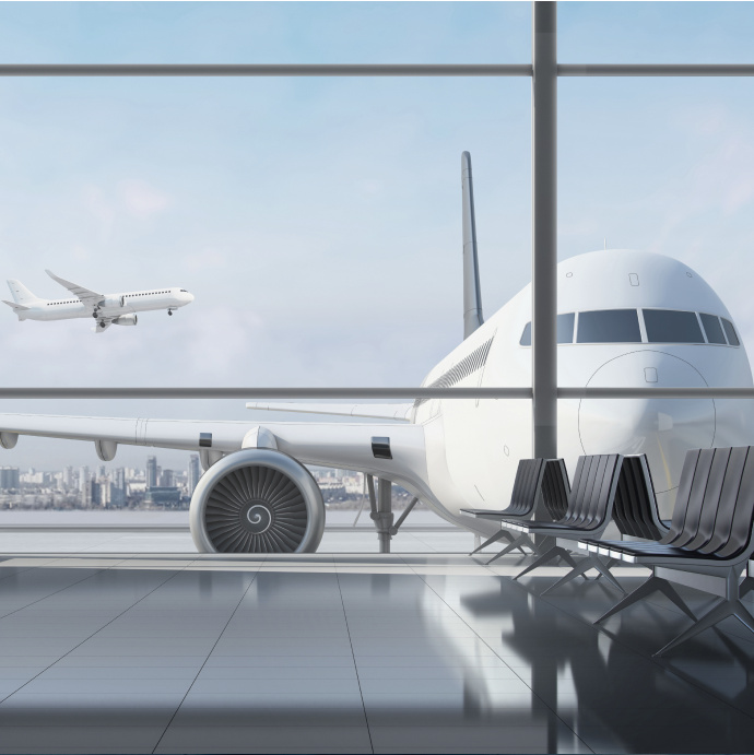 공항 창문 너머로 보이는 여객기와 대기 의자 — UAM(eVTOL) STPA 예제 마무리 그림