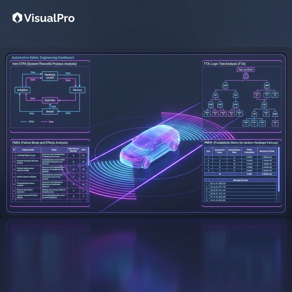 VisualPro 자율주행 통합 세이프티 대시보드 화면 — 자동차 모형을 가운데 두고 STPA 제어 구조도, FTA 논리 트리, FMEA 표, PMHF 지표가 한 화면에 배치