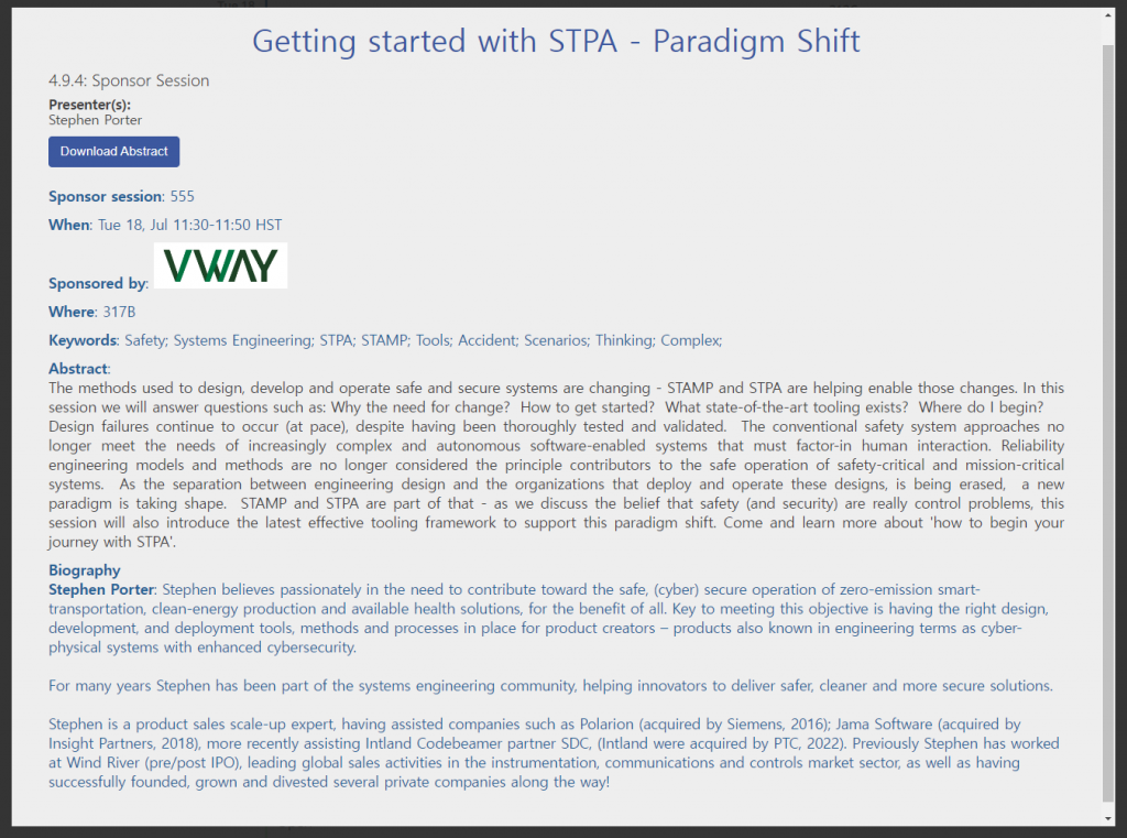 제33회 INCOSE International Symposium 후원 세션 안내 화면 — 'Getting started with STPA - Paradigm Shift'(세션 4.9.4, 후원 세션 555), 발표자 Stephen Porter, 2023년 7월 18일 화요일 11:30~11:50 HST, 장소 317B, 후원 VWAY. 키워드는 Safety·Systems Engineering·STPA·STAMP·Tools·Accident·Scenarios. 초록에서 STAMP 와 STPA 가 안전·보안을 제어 문제로 보는 패러다임 전환을 이끌고 있다고 소개
