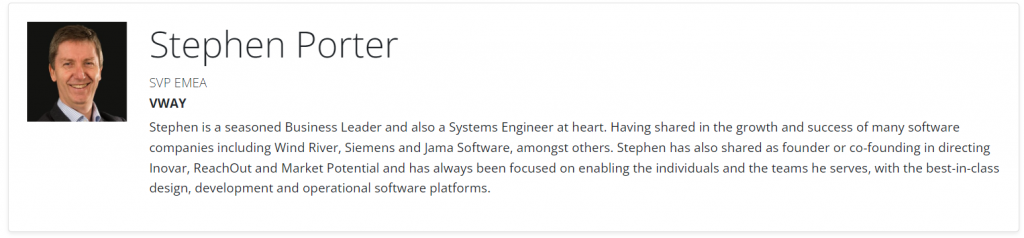 Automotive Cyber Security Europe 2023 발표자 소개 — 브이웨이 SVP EMEA Stephen Porter. Wind River·Siemens·Jama Software 등 여러 소프트웨어 기업의 성장에 함께했고 Inovar·ReachOut·Market Potential 을 창업하거나 공동 창업했다는 소개