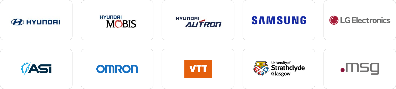 VWAY 客户企业标识 — 现代汽车、现代摩比斯、现代奥特劳恩、三星、LG电子、ASI、欧姆龙、VTT、斯特拉斯克莱德大学(格拉斯哥)、msg