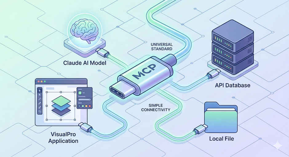 MCP 를 USB 케이블처럼 그린 개념도 — Claude AI 모델·VisualPro 애플리케이션·API 데이터베이스·로컬 파일이 하나의 규격(MCP)으로 연결