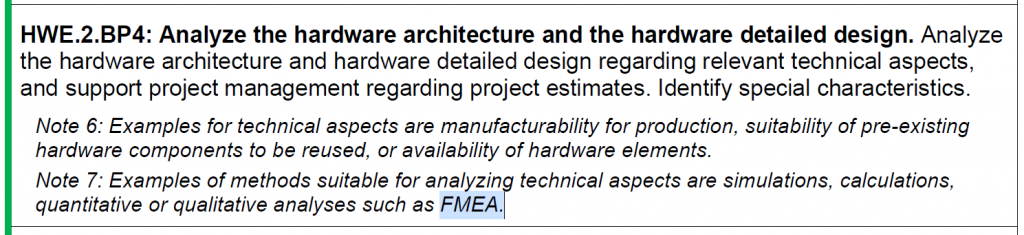 ASPICE 4.0 HWE.2.BP4 Analyze the hardware architecture and the hardware detailed design 원문 — Note 7 의 분석 방법 예시로 FMEA 를 언급한 부분 강조