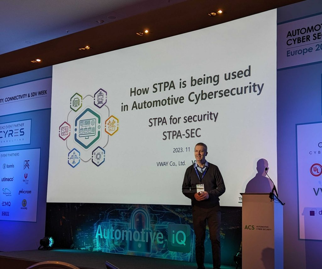 Automotive Cyber Security Europe 2023 발표 표지 — 'How STPA is being used in Automotive Cybersecurity, STPA for security STPA-SEC' (2023년 11월, VWAY Co., Ltd.)